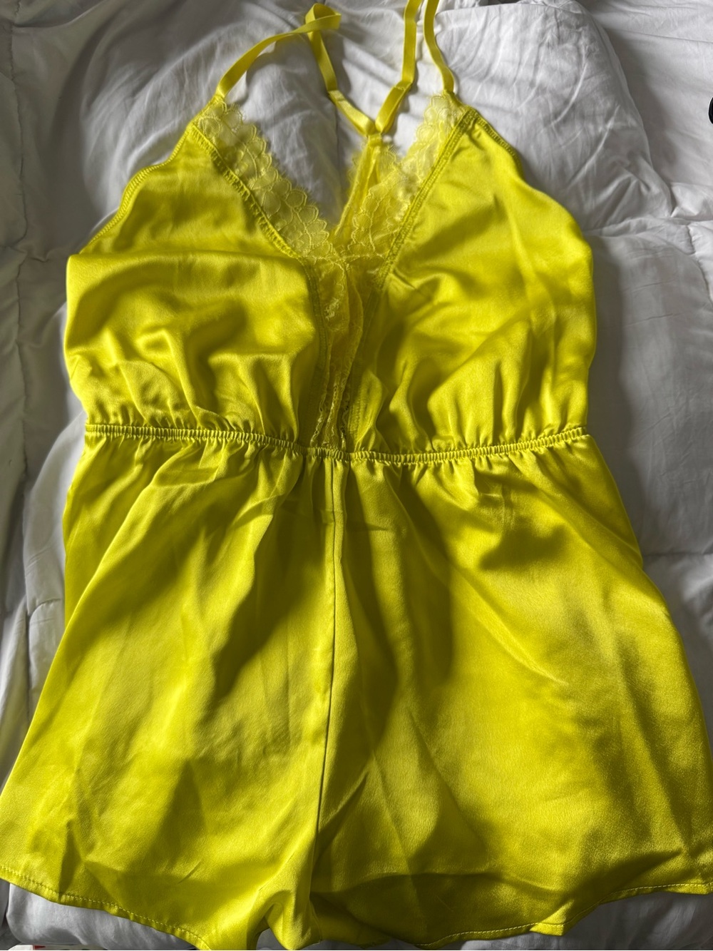 Forever 21 Yellow Satin Lace-Trim Romper